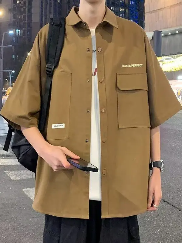 قميص رجالي صيفي رقيق بأكمام قصيرة من الحرير الصناعي، تصميم فضفاض، ملابس خارجية عصرية من البوليستر للشباب، ملابس عمل مريحة