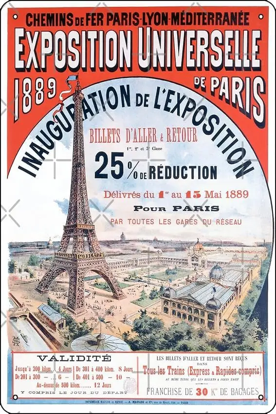 Paris Worlds Fair Exposition 1889. Vintage travel poster. Tower Photographic Print Metal Tin Sign Fun Home Art Wall Decor