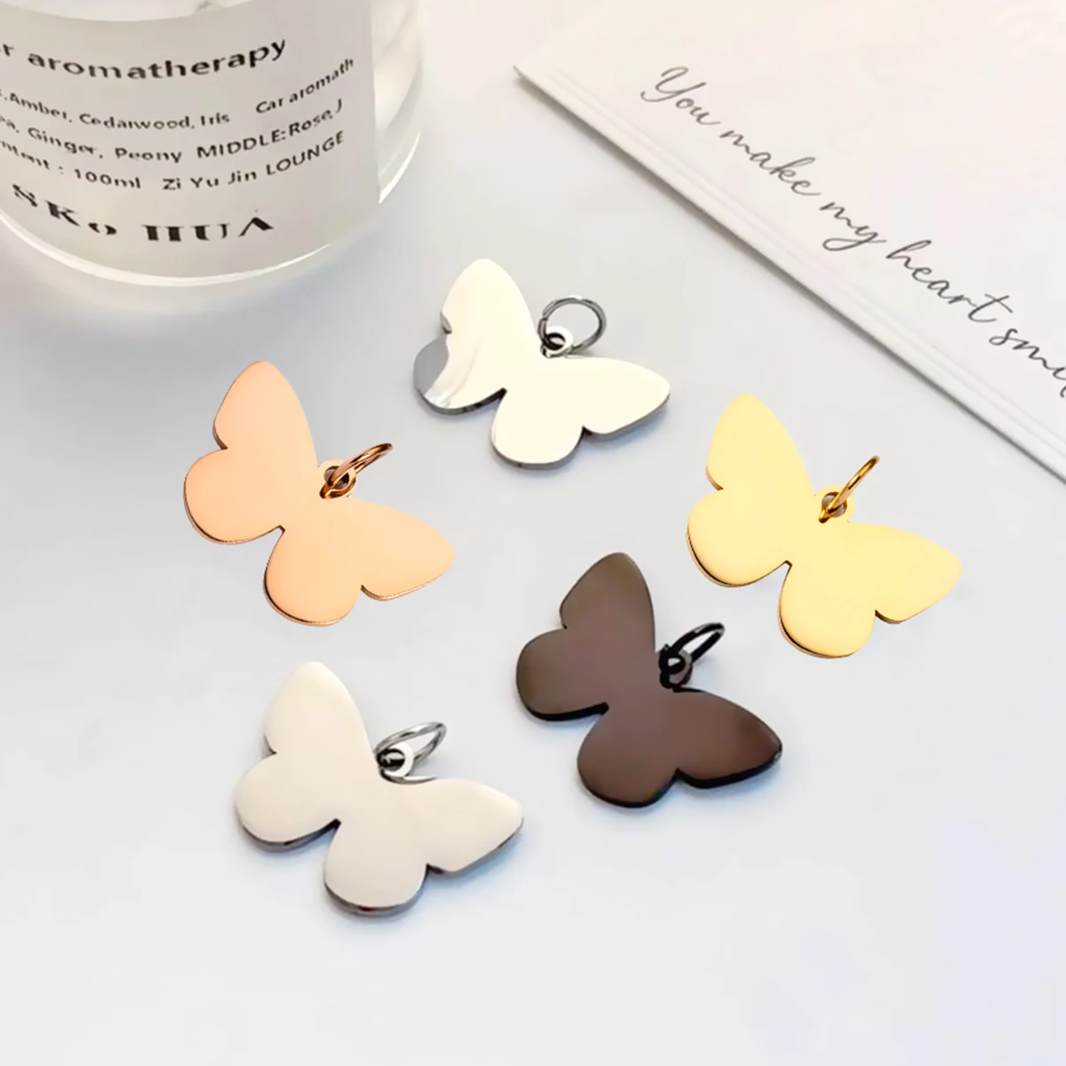 5pcs Mirror Polishing Stainless Steel Butterfly Charm Insect Pendant Blank ID Tags For Handmade DIY Keychain Necklace Gift