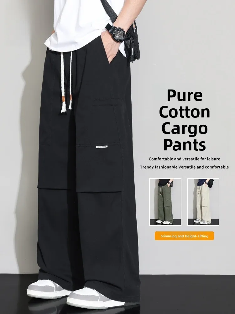 

Men's Casual Cotton Work Trousers Spring Autumn Loose Straight Leg Paratrooper Pants Youth Elastic Waist Leisure Trousers