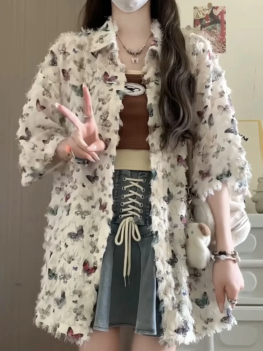 Women Shirts Chic Butterfly Short Sleeved Shirt Jacket For Women's Summer Design Niche Artistic Layered Shirt