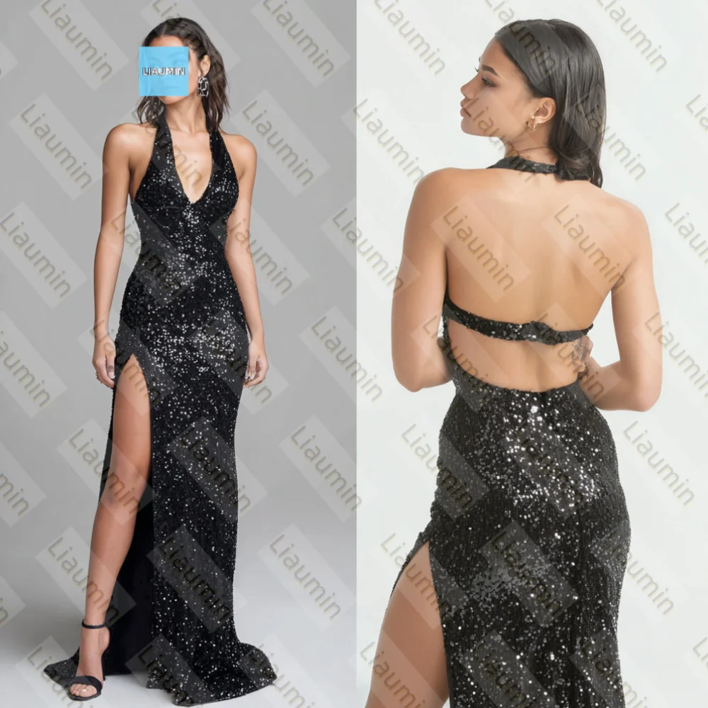 

Sexy Black Sequin Prom Dress With Side Cutouts V Neck A High Slit Halter Wedding Formal Occasion Backless Customized A6-1.4