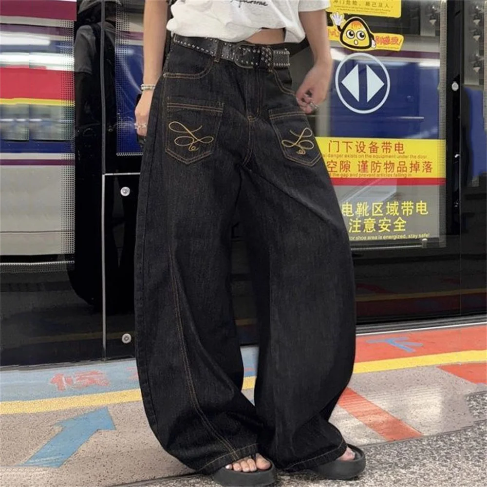 Mulheres vintage bordado preto gótico y2k baggy jeans 2025 outono harajuku estética 2000s denim calças streetwear roupas