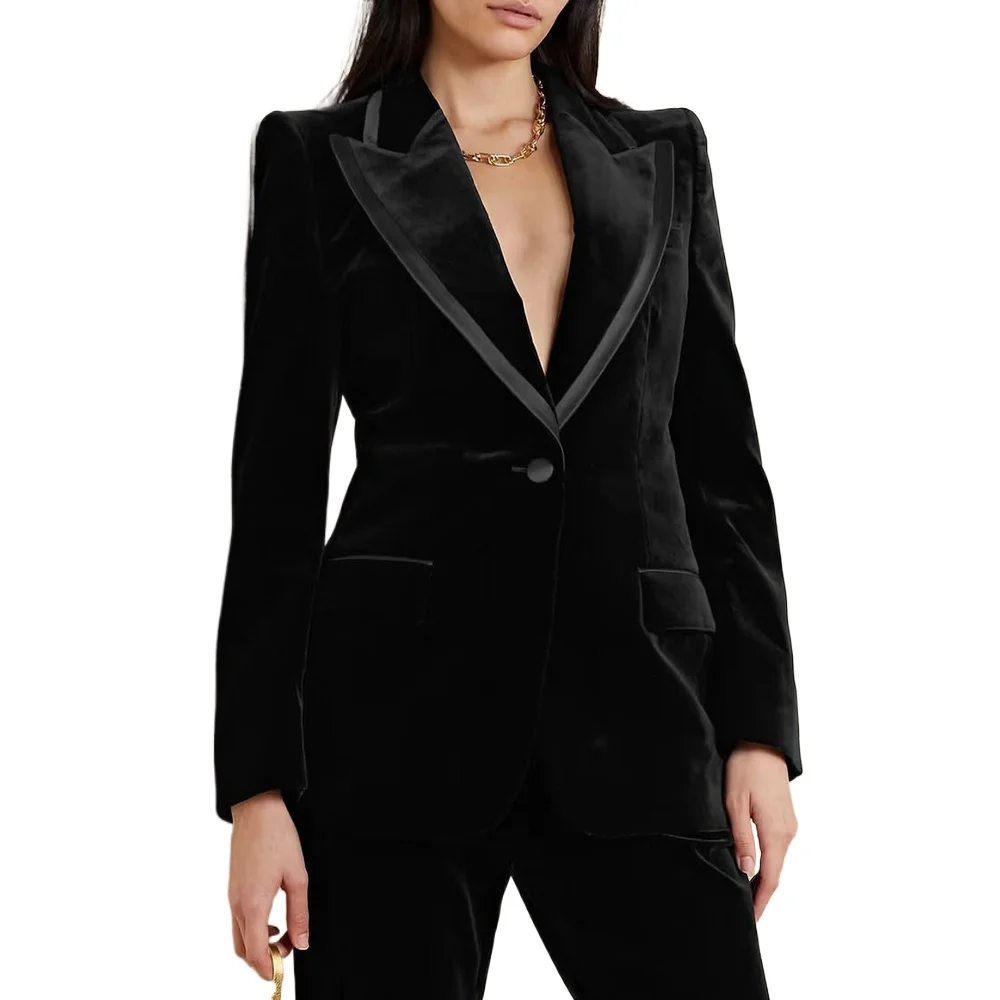 Luxo preto veludo feminino trench coat único breasted única peça blazer feminino jaqueta fino ajuste senhora do escritório outerwear