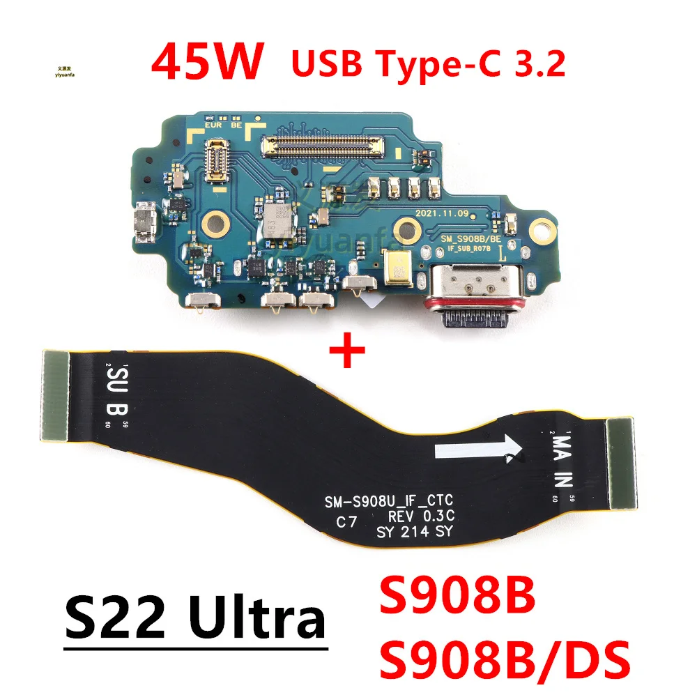 Charging Port Board For Samsung Galaxy S22 Ultra 5G S908B, SM-S908B/DS Fast Charger Motherboard Connect USB Flex Cable