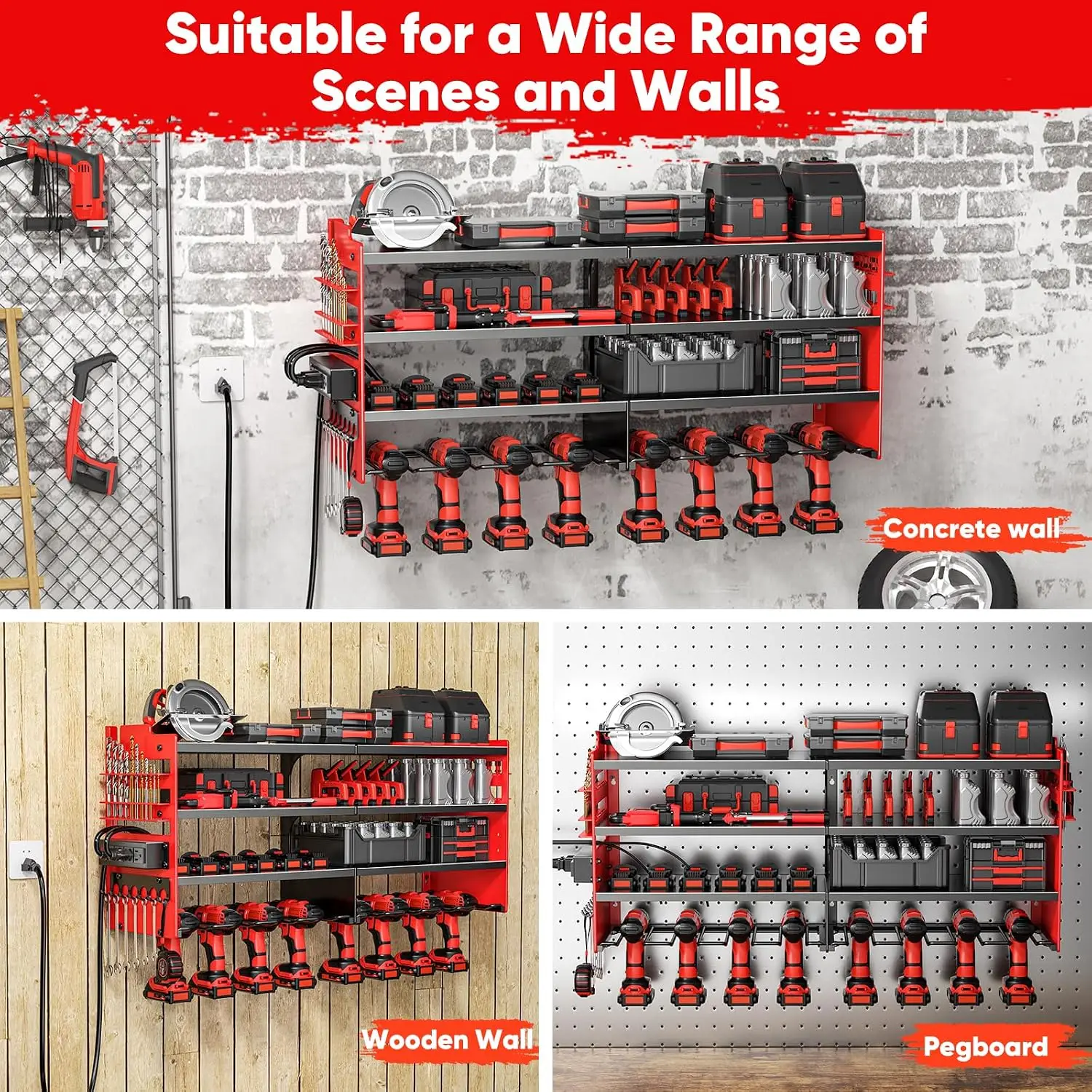 Heavy Duty Tool Organizer Wall Mount with Charging Station, 4-Tier Metal Shelf, 600lbs Capacity, 8 Drill Holders, 4-Outlet Power Strip - view 6