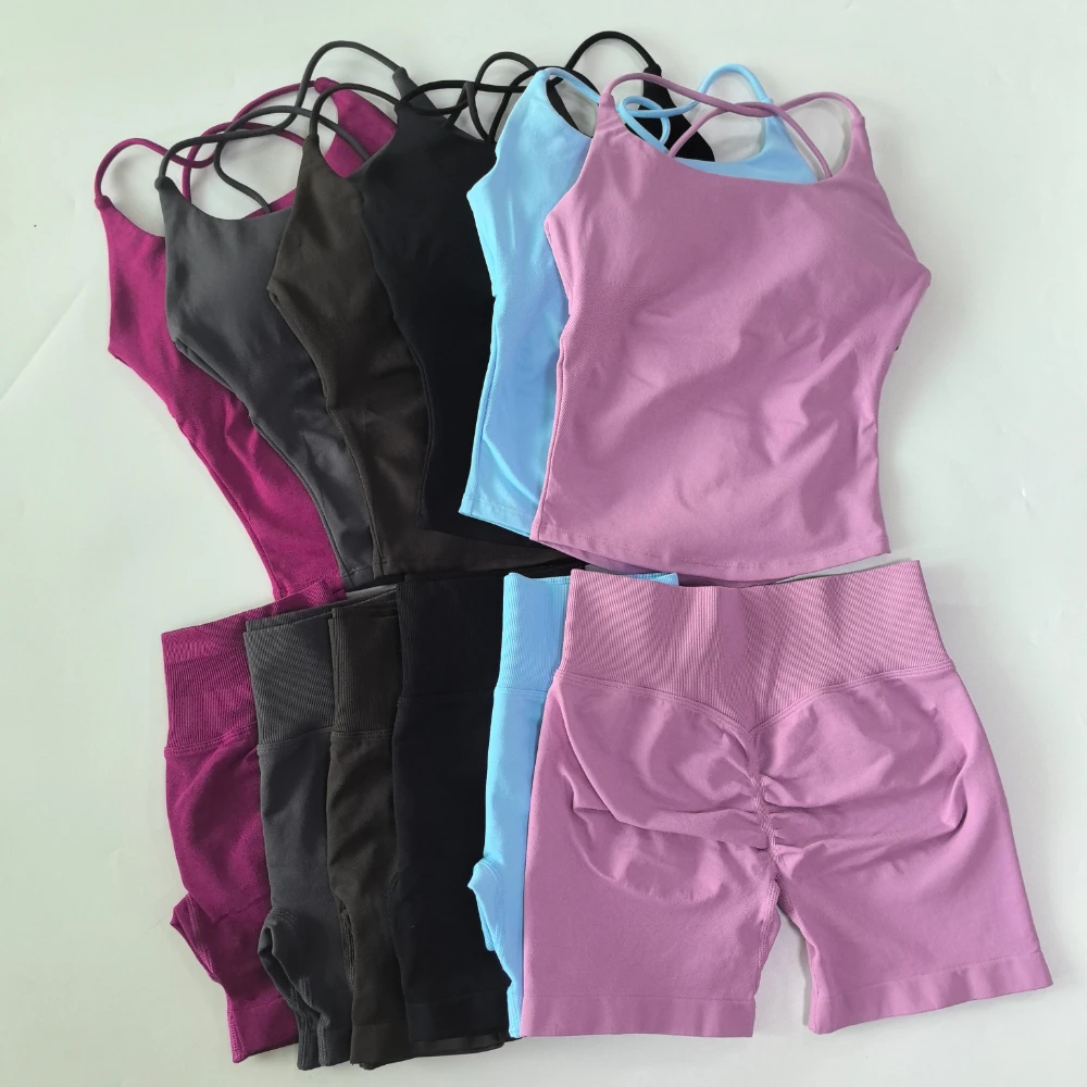 Pericic 2-teiliges Sportset für Damen, Twist-Back-Top, rückenfreier Träger-BH, Yoga-Shorts, Fitness-Set, Trainingskleidung, Outfit, Fitnessanzug – Detail 8