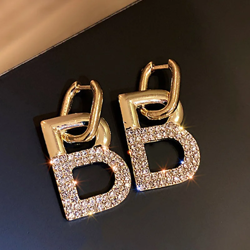 14K Luxury Gold Plated Letter B Pendant Earrings Women Personalized Jewelry Micro-encrusted Rhinestone Unique Earring