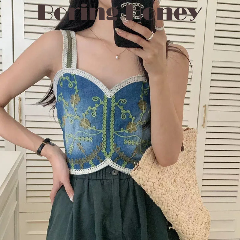 

Boring Honey Fashion Design Denim Embroidery Short Vest Summer New Blue All-Match Suspender Female Slim Thin Chic Top Women