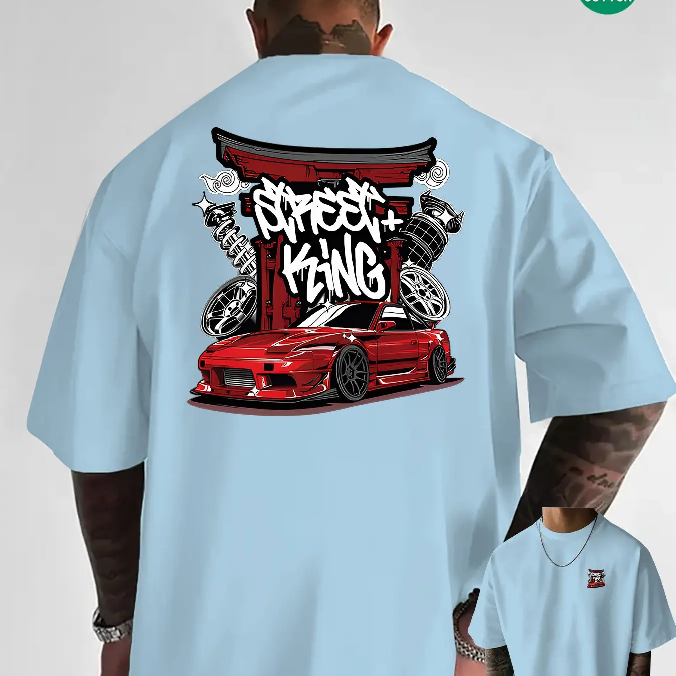 Japanischer Streetstyle für Herren: Speed ​ ​ King JDM Car Graphic T-Shirt, 100 % Baumwolle, Sommer-Graffiti-T-Shirt, lässiges Outdoor-Oberteil – Detail 7