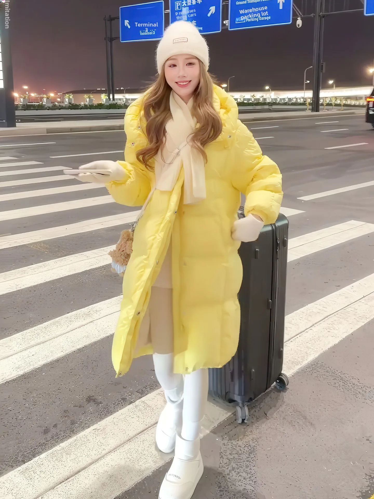 

Желтая женская зимняя утепленная куртка-пуховик средней длины с капюшоном, свободного кроя, стройнящая фигуру, новинка 2025 года