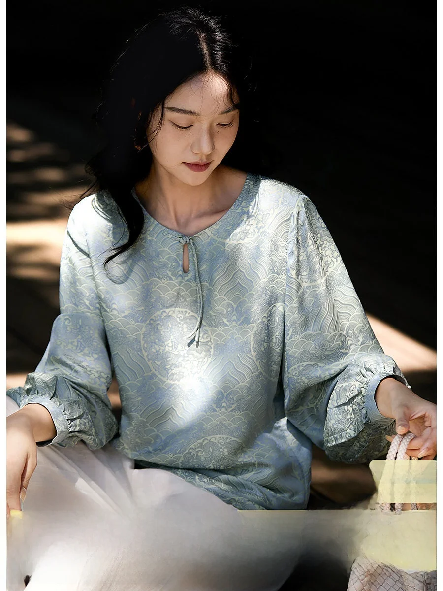 

Silk Long Sve irt Women's Premium Faion Commute Sle Straight Tube OL Sle Tassel Silk Tead Embroidery Top