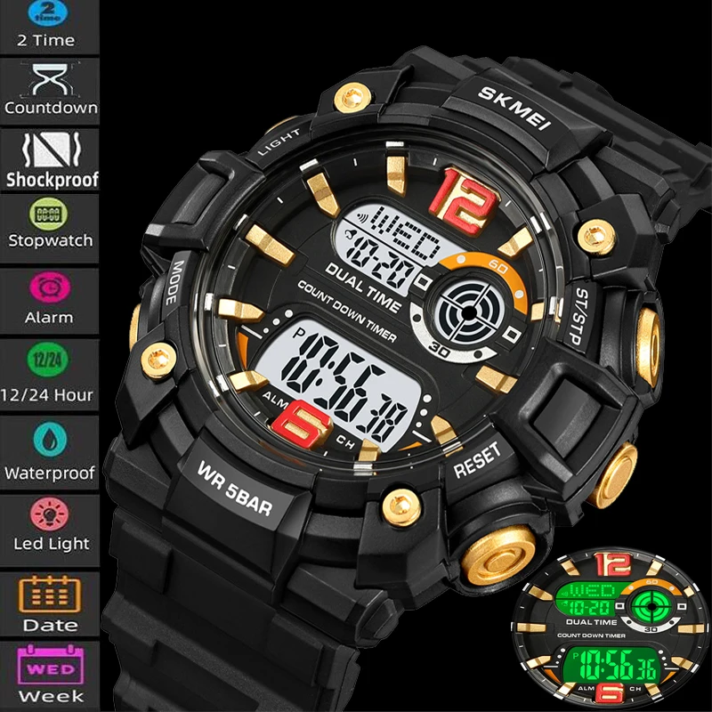 Skmei Men's Dual Time Fashion Big Size Dial Led Waterproof Digital Sport's Watch 12/24 Hour Format Military Electronic Stopwatch