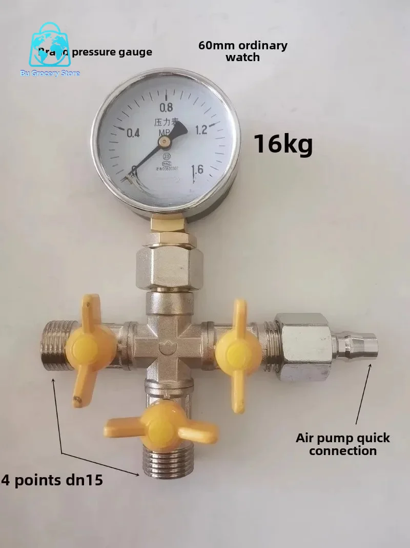 Four Way Pressure Test Valve, Tap Water, Geothermal and Underfloor Heating Pressure Gauge, Leak Detector with 4 Points