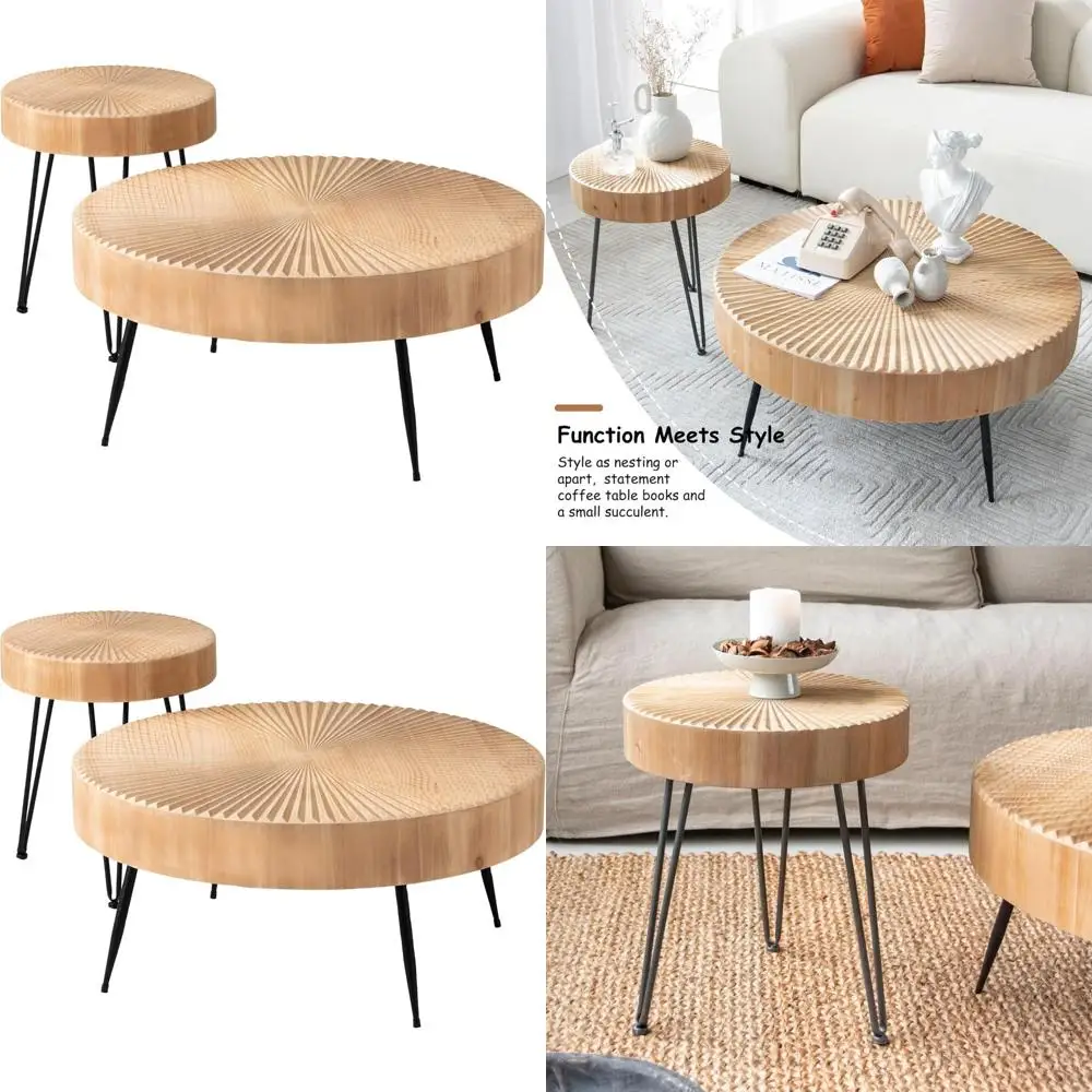 2-Piece Round Nesting Coffee Table Set, Natural Wood Top with Black Metal Legs, Radial Pattern – Rustic Farmhouse Accent for Liv
