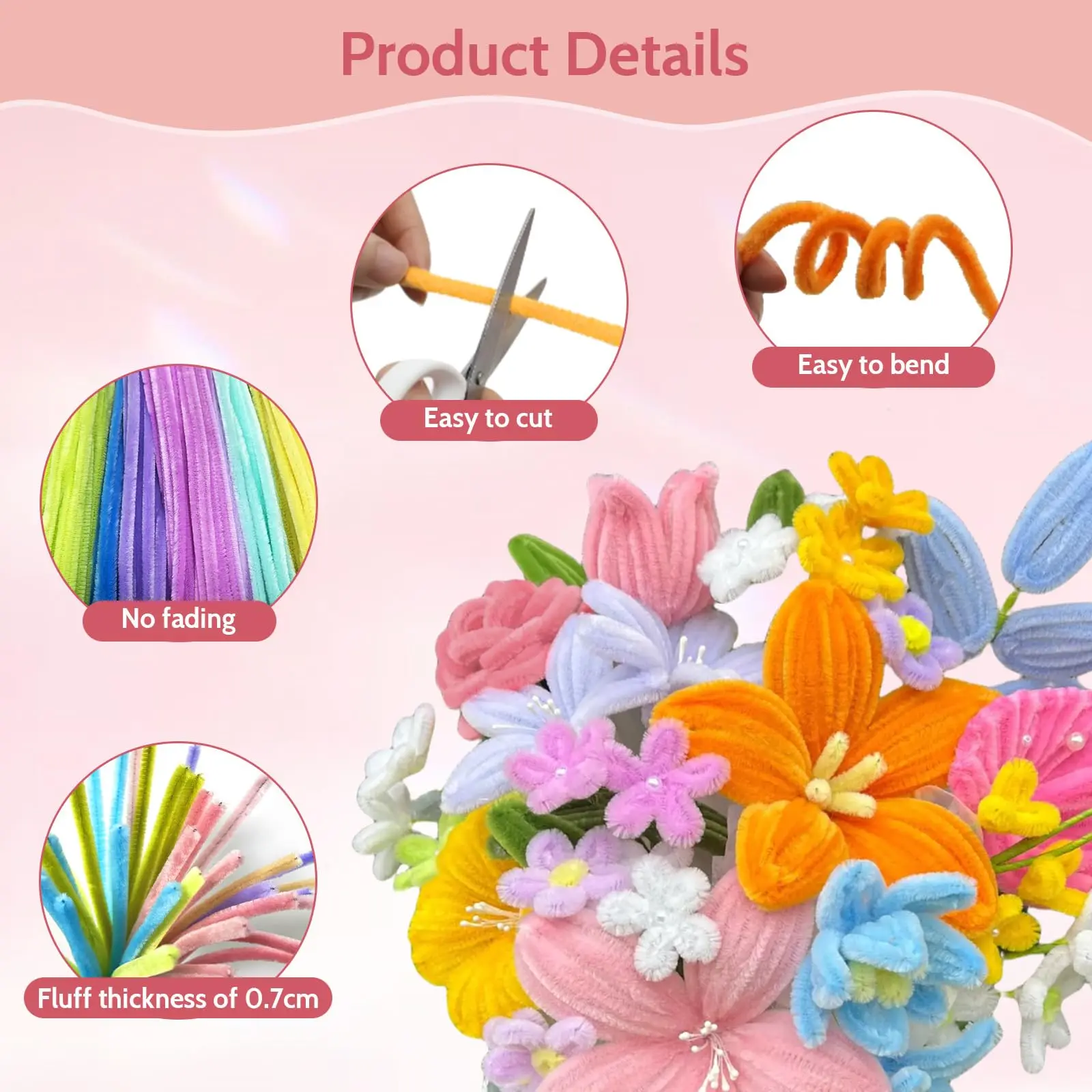 20 Colors 630PCS, Pipe Cleaners Craft Flowers Kit with Handle & Instructions, DIY Art and Craft Supplies for Creative Projects view 6