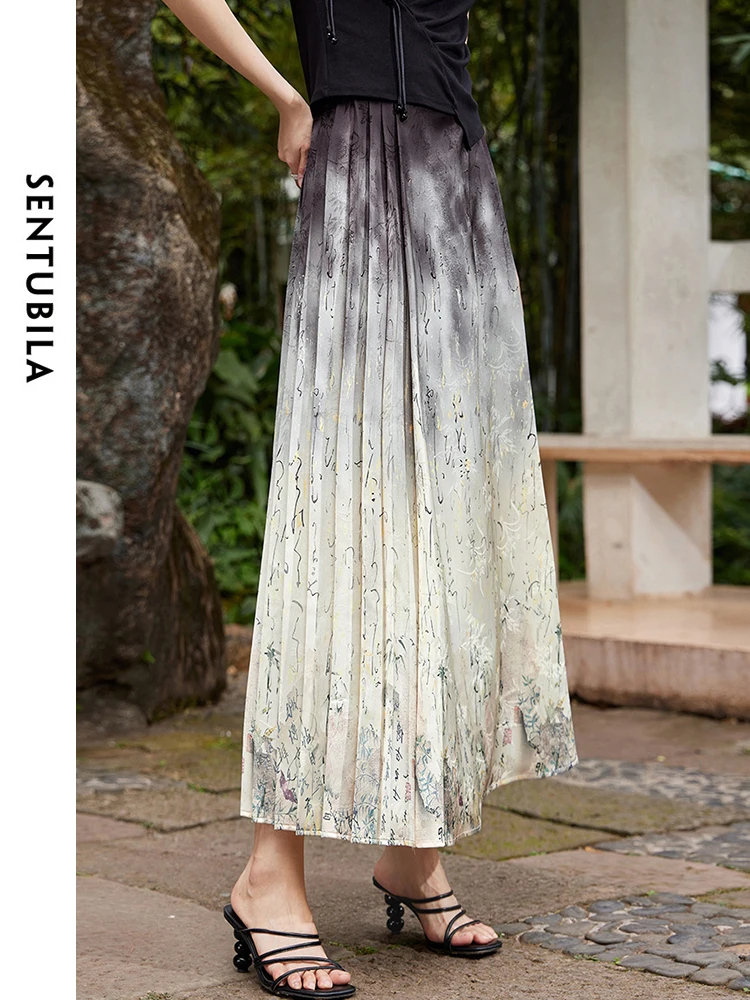 

SENTUBILA Gradient Printed Elegant Maxi Skirt for Women 2024 Summer New Chinese Style High Waist Long Pleated Skirts 142Q55183