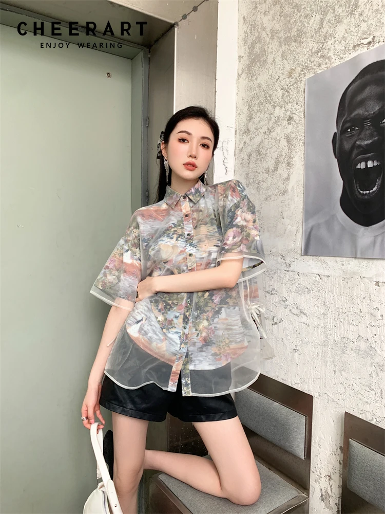 

CHEERART Oil Painting Patchwork Organza Floral Short Sleeve Shirt For Women Summer Top Collared Shirt Blouse High Fashin Clothes