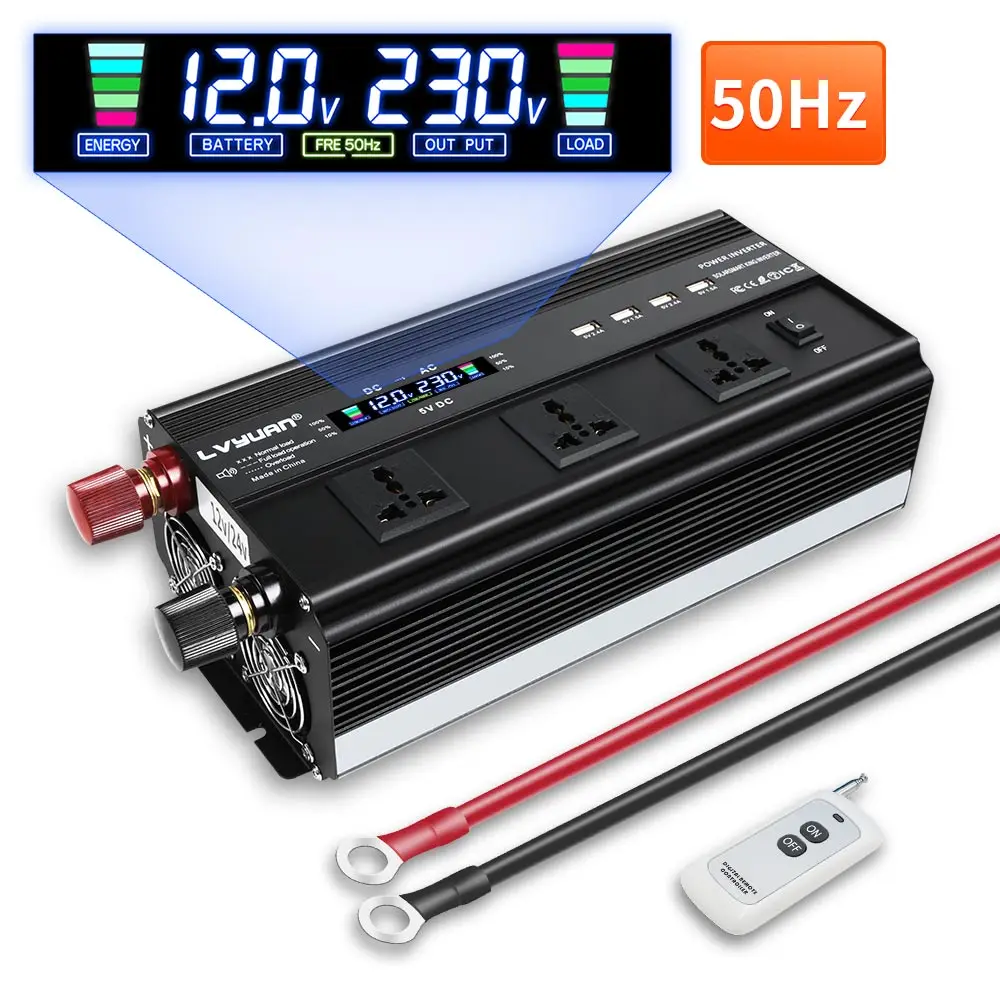 Inverter 12V 24V Dual Voltage to 220V 12000W Peak Power Solar Car Converter 50hz 60hz LCD UN Socket Transformer 4USB Inverter