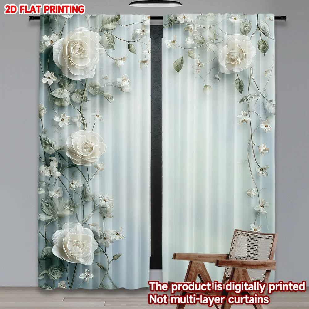 

2D flat printing 2pcs Party Window Curtains White Roses(1) Digital Printed Polyester Drapes Birthday Party Perfect for Living