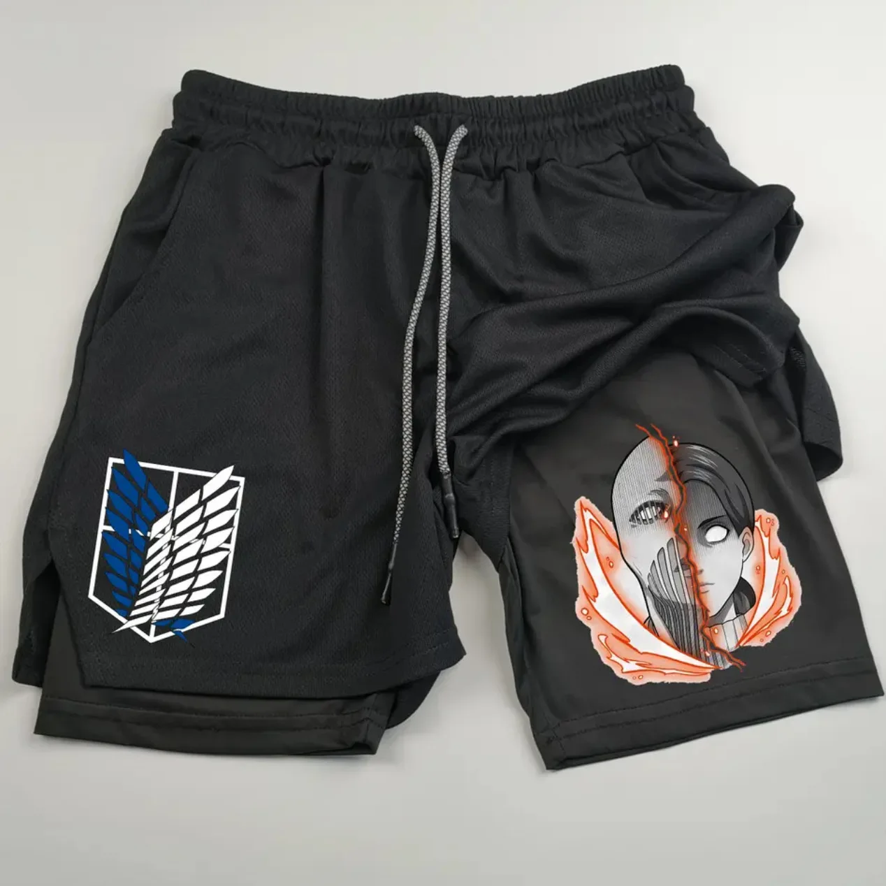 

Атака Титанов, модные мужские и женские двухслойные спортивные и фитнес-шорты с принтом «два в одном», повседневные шорты, баскетбольные шорты для мужчин