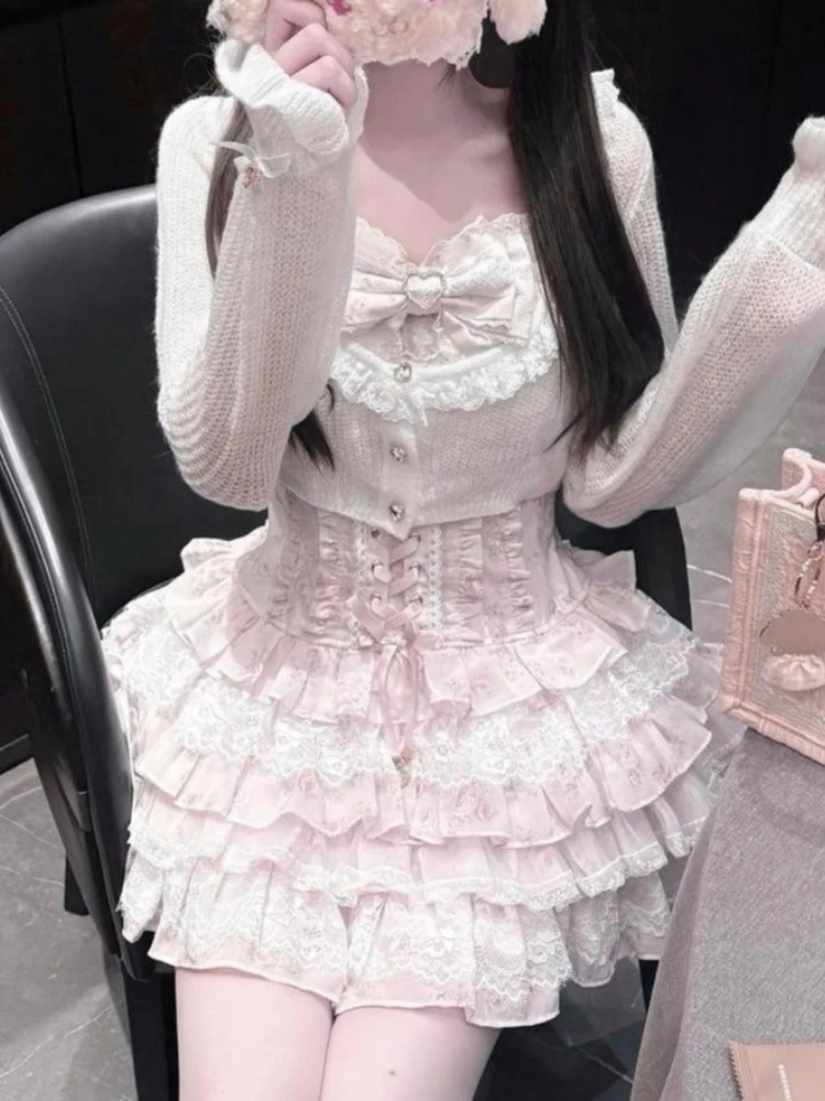 Japanese Sweet Kawaii 2 Piece Set Women Long Sleeve Knit Cardigan + Pink Lace Floral Tiered Dress Casual Lolita Chic Outfits image 4