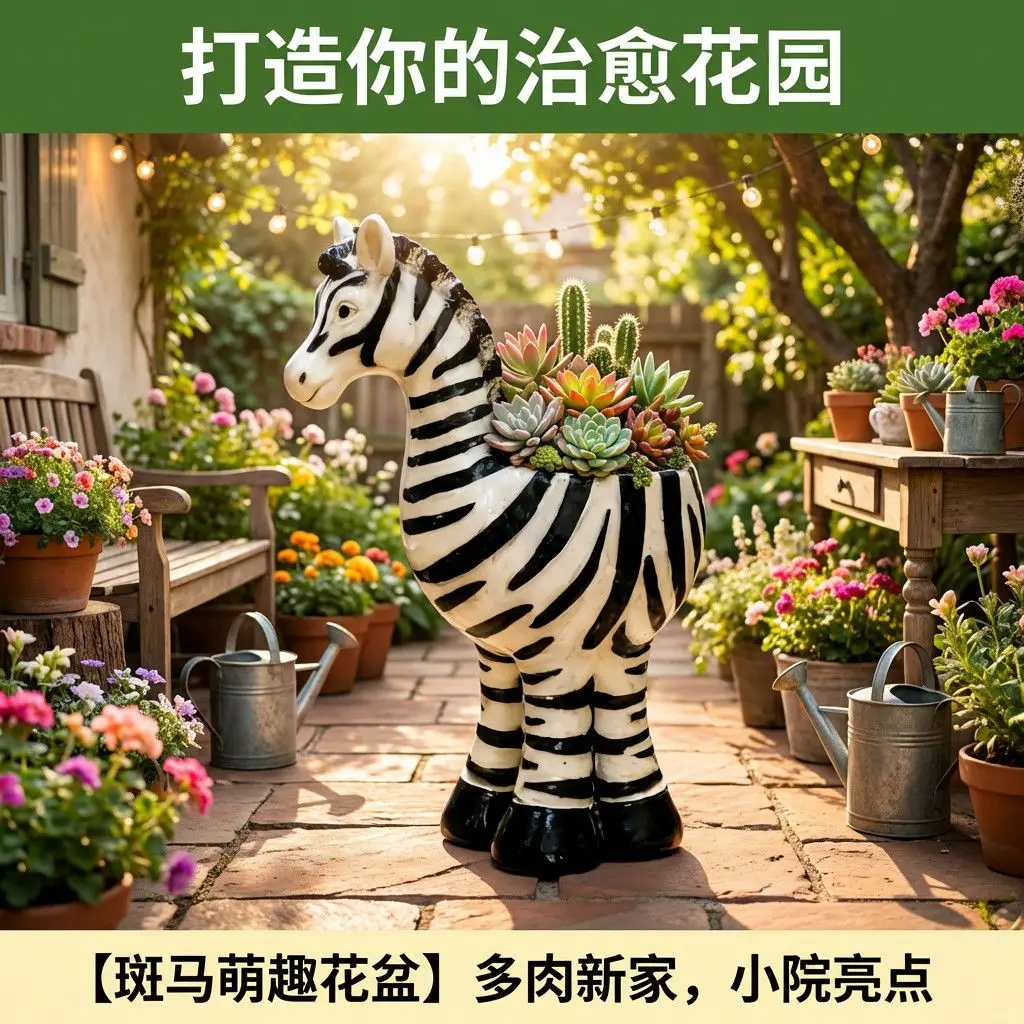 Outdoor artificial flower pot cartoon zebra decoration ornament for garden, courtyard, and lawn
