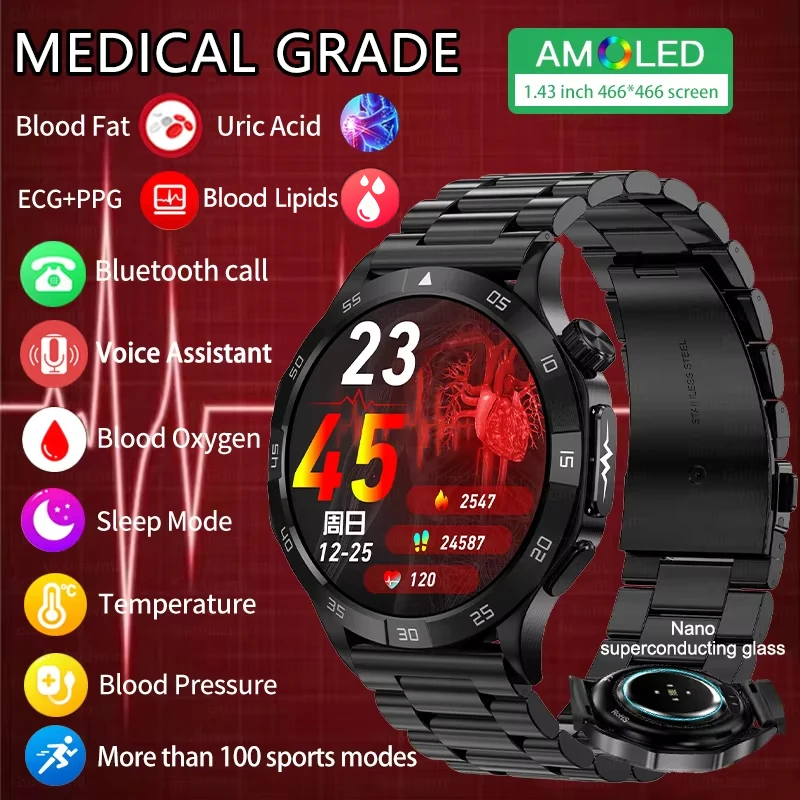 

LIGE Medical Grade Health Smart Watch Men Uric Acid Blood Lipid Body Fat Monitor AMOLED Bluetooth Call Women Smartwatch ECG+PPG