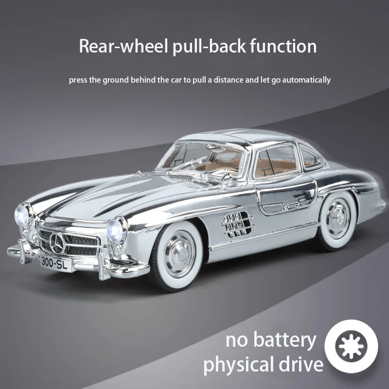 Plating 1:24 Benc 300SL Retro Classic Diecast Alloy Car Premium Model Sound Light Birthday Gift Boy Girl Hot Wheel