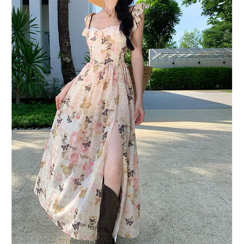 

Bufferfly Backless Summer Midi Dresses 2024 Women Beach Long Slim Vacation Popular Dress Elegant Lolita Flying Sleeve Dress New