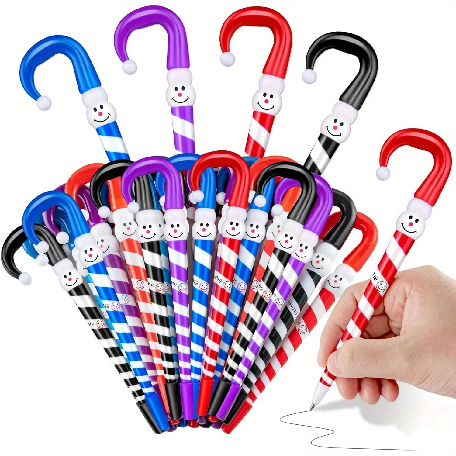 10/20pcs Christmas Cane Shape Ballpoint Pen Cute Snowman Umbrella Hook Pen Kids Holiday Gift Writing Stationery