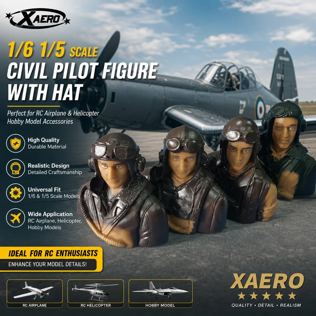 XAERO 1/6 1/5 Scale Civil Pilot Figure with Hat, Brown Green, for RC Airplane Helicopter, Hobby Model Toy Accessories