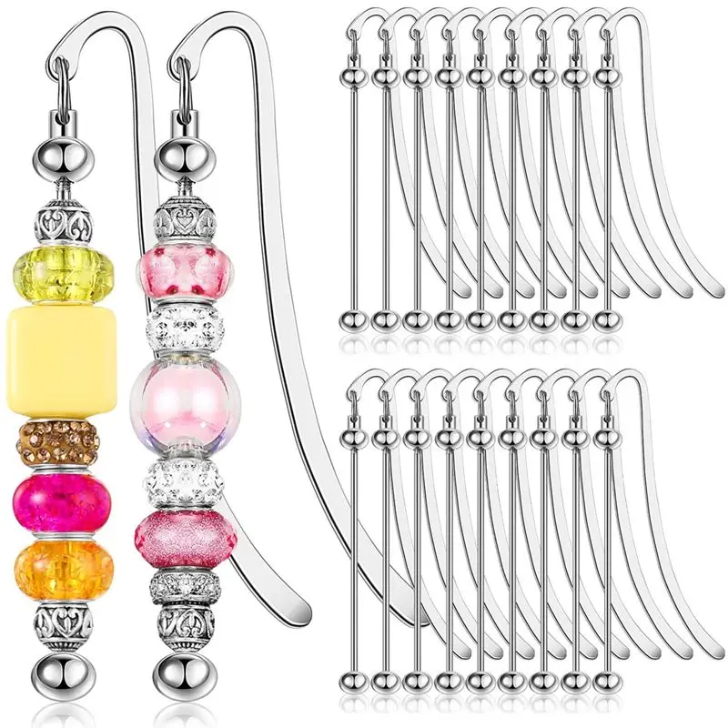 20 Pcs Beadable Bookmarks DIY Metal Blank Bar Bookmark Silver For Beads Modern Beaded Bookmark Craft Jewelry Pendant-A79U