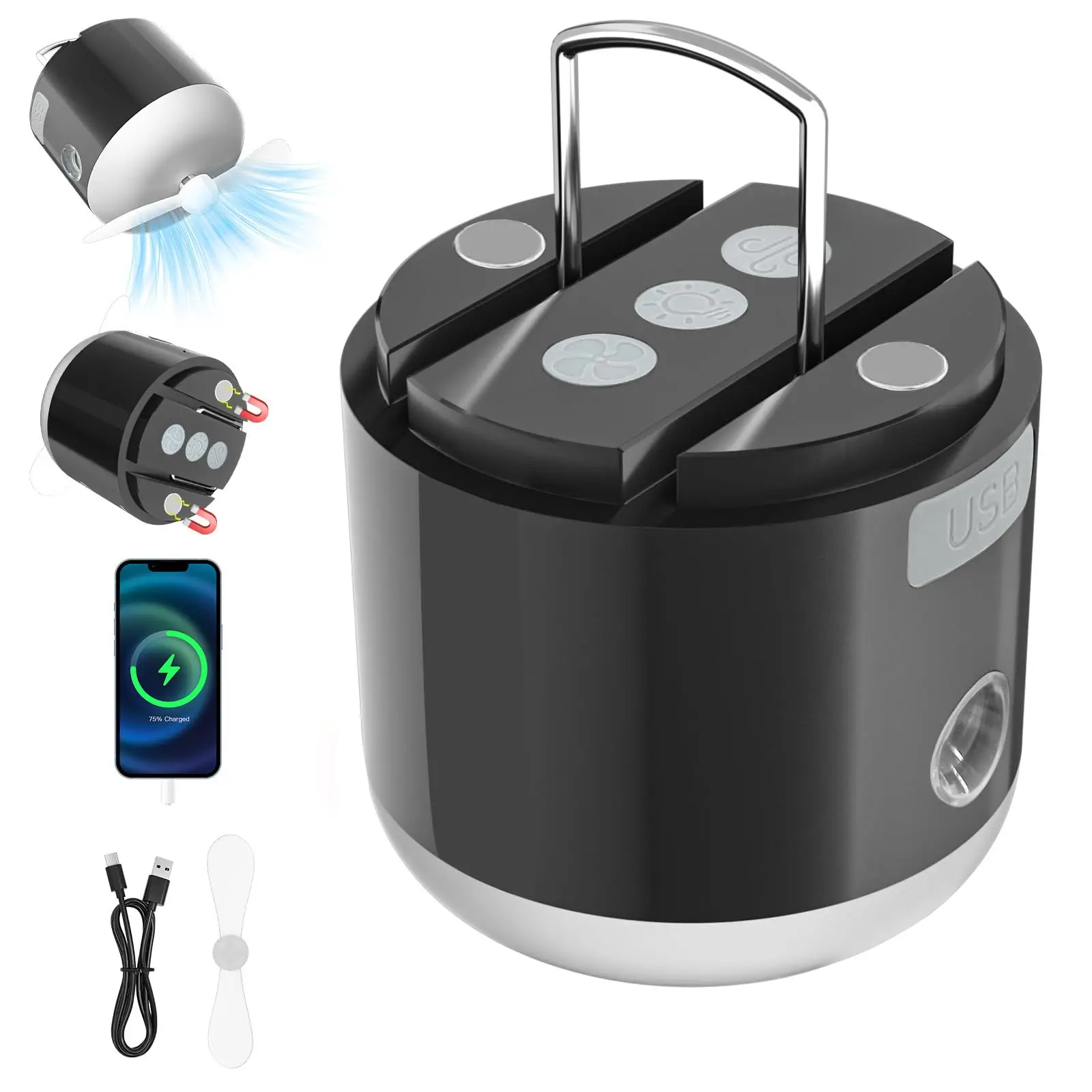 Lanterna de acampamento LED recarregável, luz de barraca de acampamento de 3000 mah com ventilador, 4 modos de luz, função de spray, mini luz com B magnético