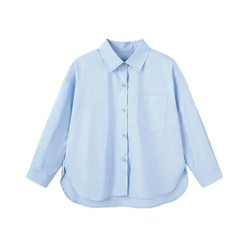 Girls Shirts Kids Clothes Korean 2024 New Fashion Spring Versatile Loose Casual Thin Solid Blouses Turn-down Collar Button