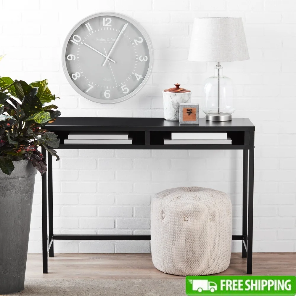 

Modern Student Desk with Open Shelves Sturdy Metal Frame Home Office Study Room Easy Assembly Black Finish