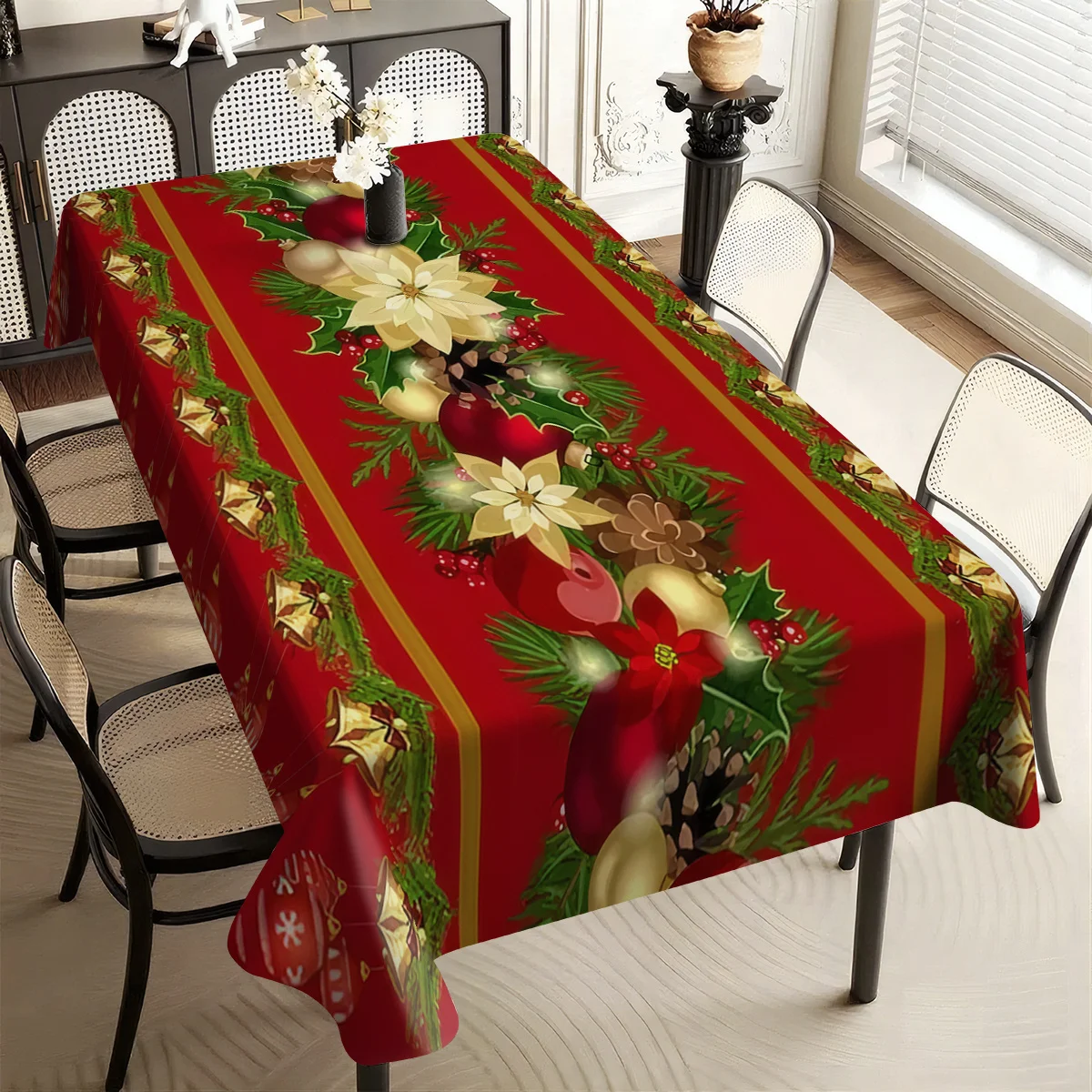 1pc Christmas Pine Branch Golden Ball Red Fruit Christmas Decoration Printed Storage Christmas Tablecloth Desktop Decoration