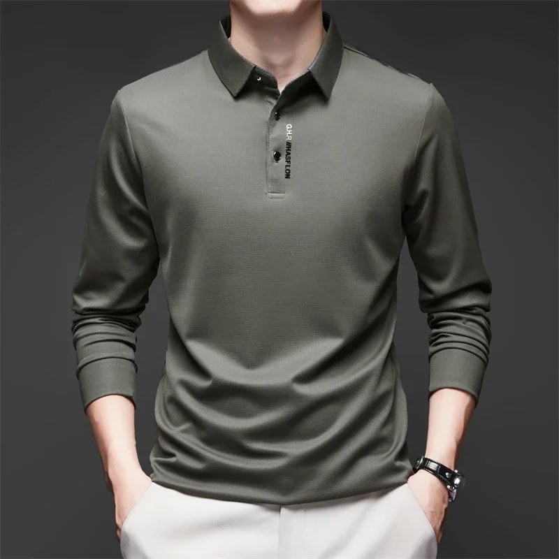 New Men\'s Business Casual Long Sleeved Shirt with Badge Solid Color Polo Shirt Fashionable Breathable Comfortable Versatile Top