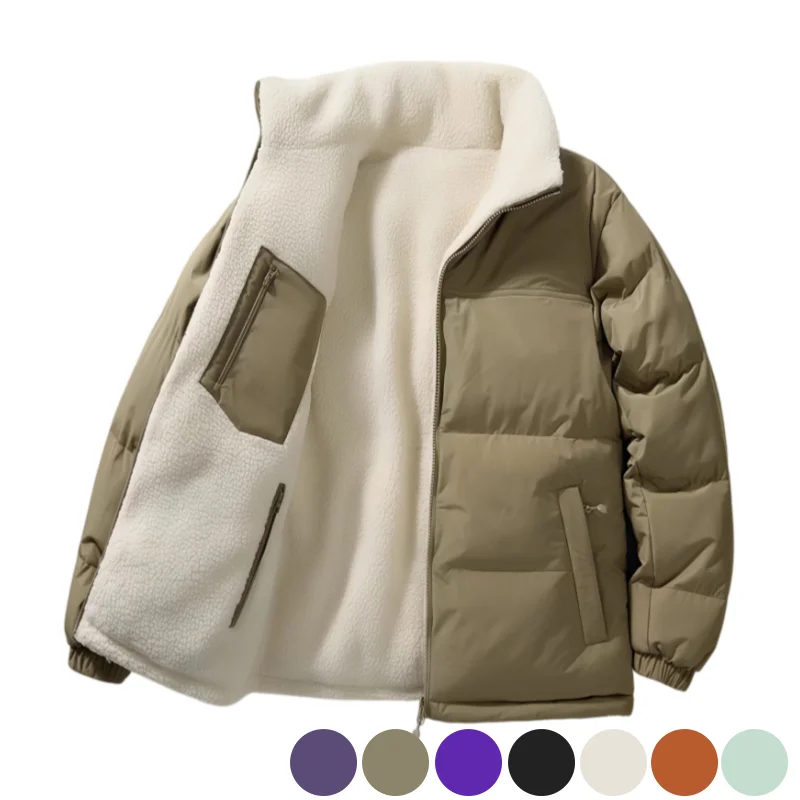 Unisex Reversible Fleece Polyester Faux Silk Cotton Jacket, Winter Stand Collar Loose Thickened Casual Warm Cotton Coat