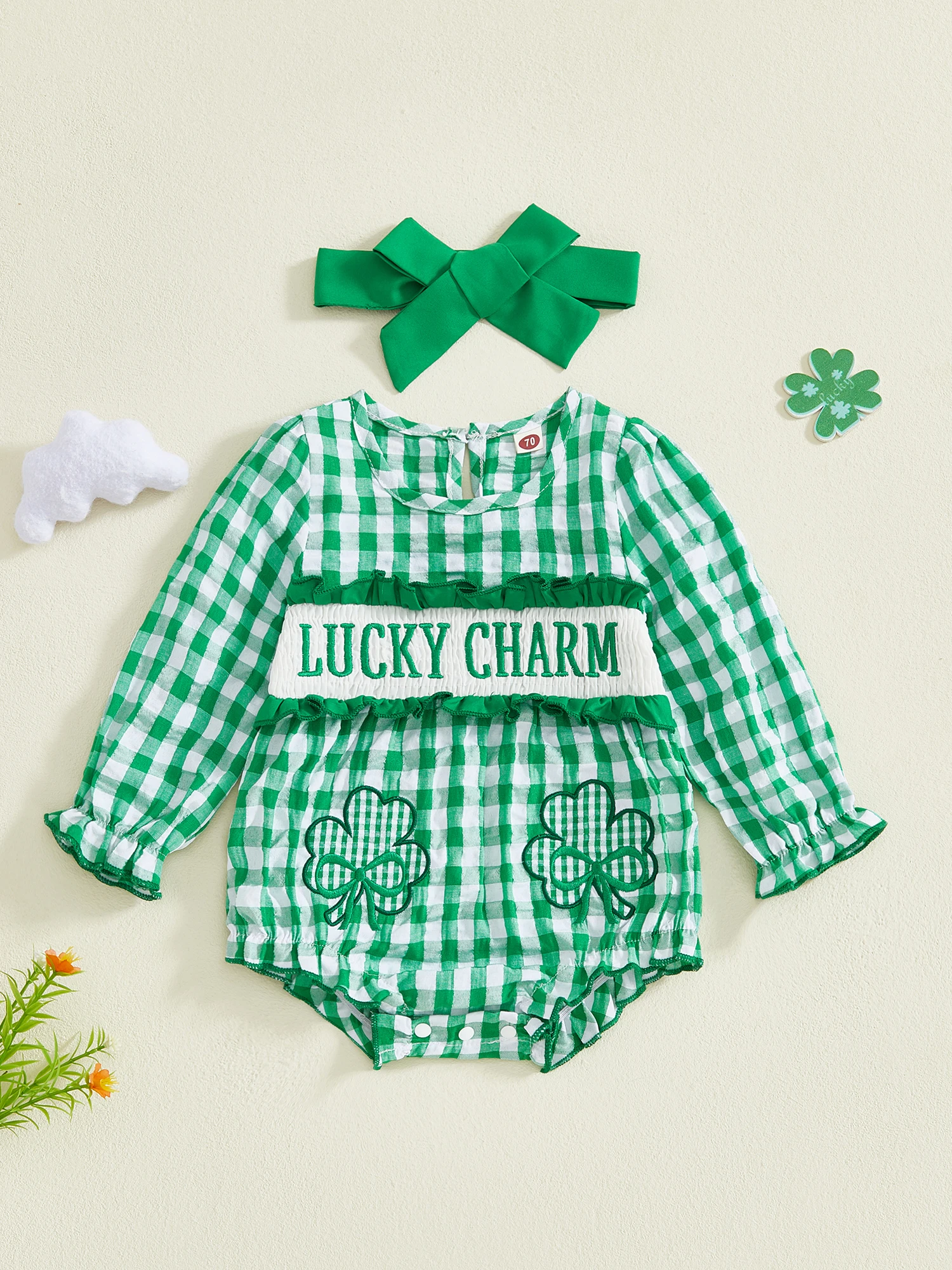 

Stylish Baby Boy Green Plaid Romper Adorable Clover Embroidery Short Sleeve Smocked with Matching Hat
