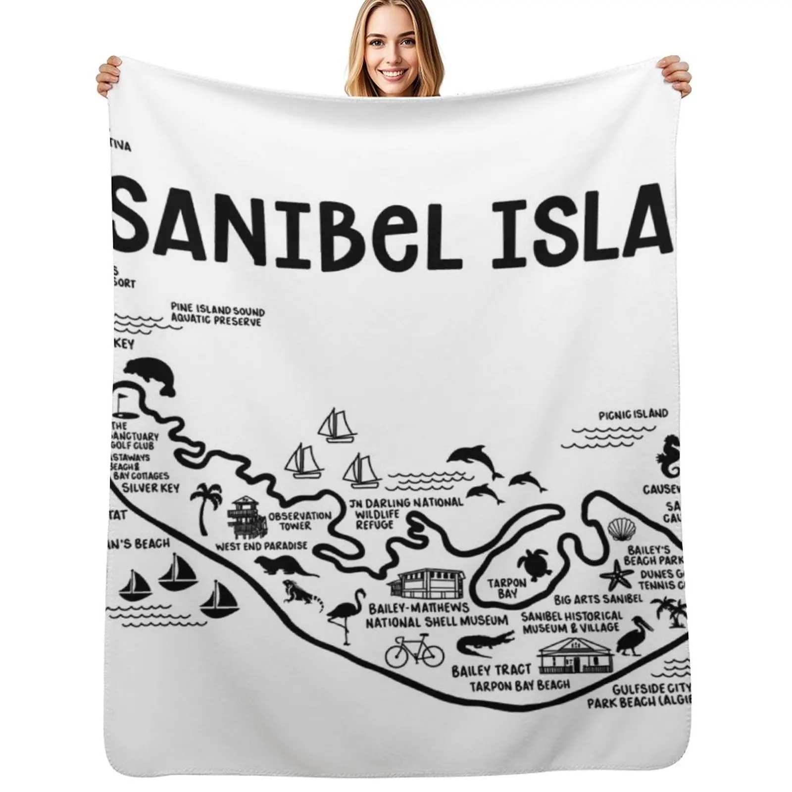 

Sanibel Island Map Throw Blanket Flannel Fabric Luxury Designer Furrys Blankets