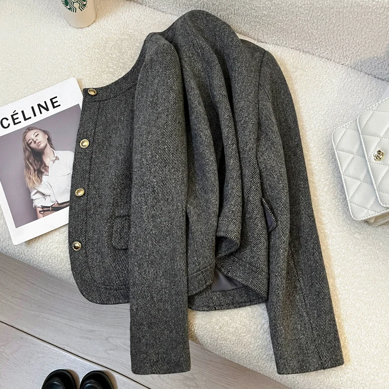 High Quality Gray Fragrant Style Short Coat for Women Autumn Winter Korean Style Simple Casual Office Lady French Tweed Coat