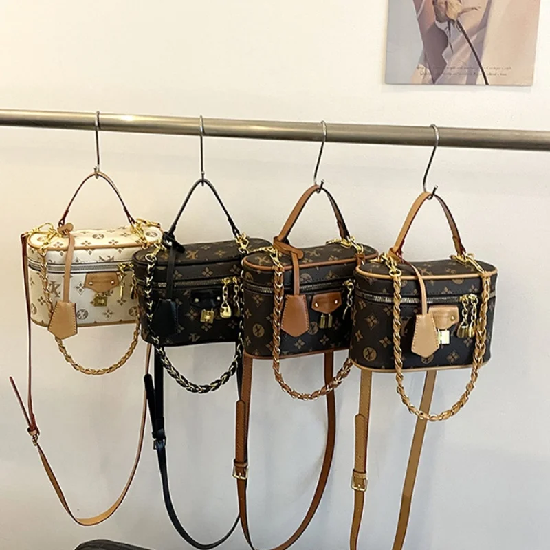 حقيبة صندوقية مطبوعة عتيقة للنساء، حقيبة يد أنيقة ومتعددة الاستخدامات مع حزام سلسلة، مناسبة للارتداء على الكتف أو عبر الجسم.