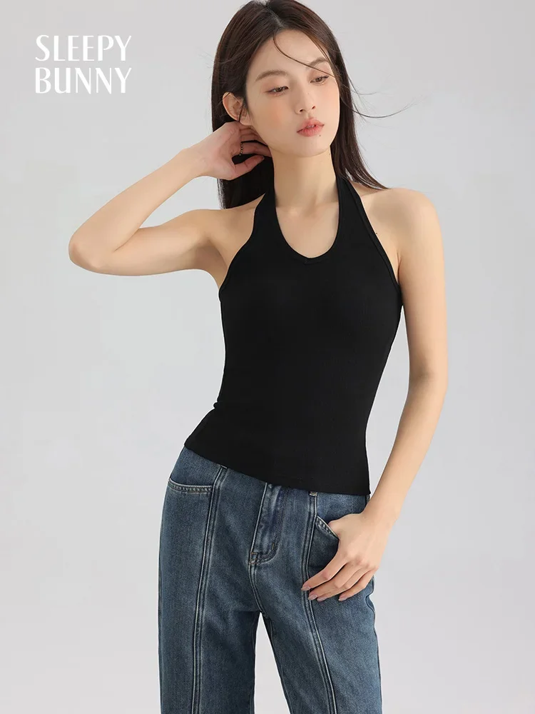 Women Slim Fit Halter Neck Tank Top U-Neck Sleeveless Backless Camisole Spring Inner Layer for 2025 Casual and Stylish Looks