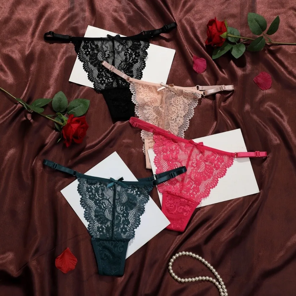 

Breathable Soft Lace Flower Thongs Traceless Underpants Low Waist Briefs Lingerie Solid Color T-back Panties Girls