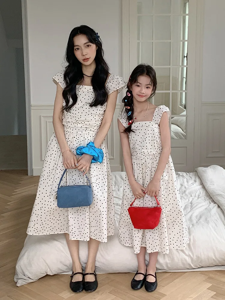 2026 Summer Mommy And Me Matching Dresses White Polka Dot Square Neck Flutter Sleeve Midi Dress For Mom And Daughter