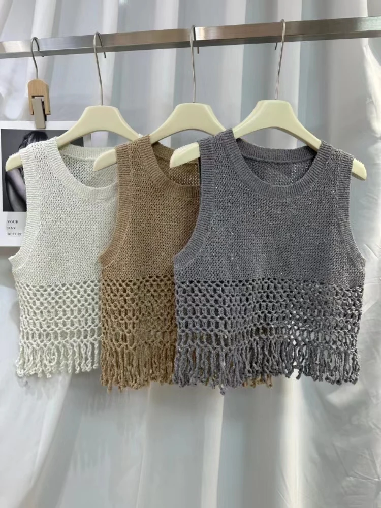 

24B//C Women's Summer New Style Sequined Hollow Tassel Cotton and Linen Sleeveless Knitted Vest Women's Top Trendy