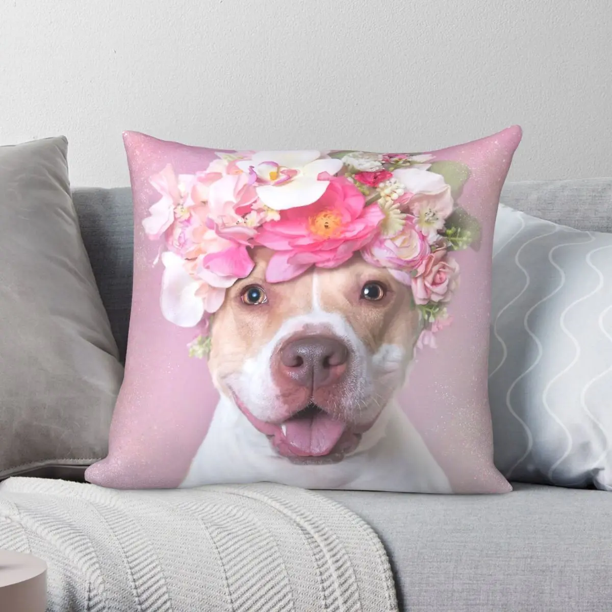 Flower Pit Bull Power Blossom Pillowcase Polyester Linen Velvet Pattern Zip Decor Sofa Cushion Cover Wholesale