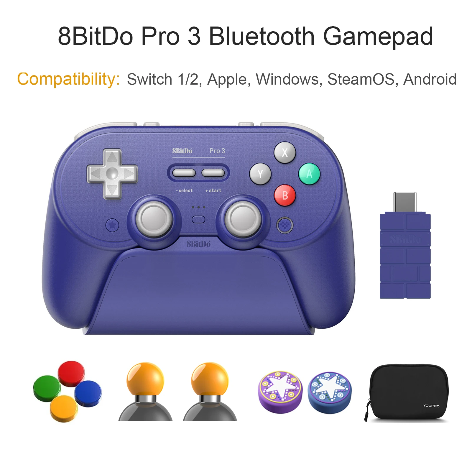 8BitDo Pro 3 Bluetooth-gamingcontroller voor Switch 1/2 Windows, Apple TMR-joysticks met schakelbare triggers voor Android Steam