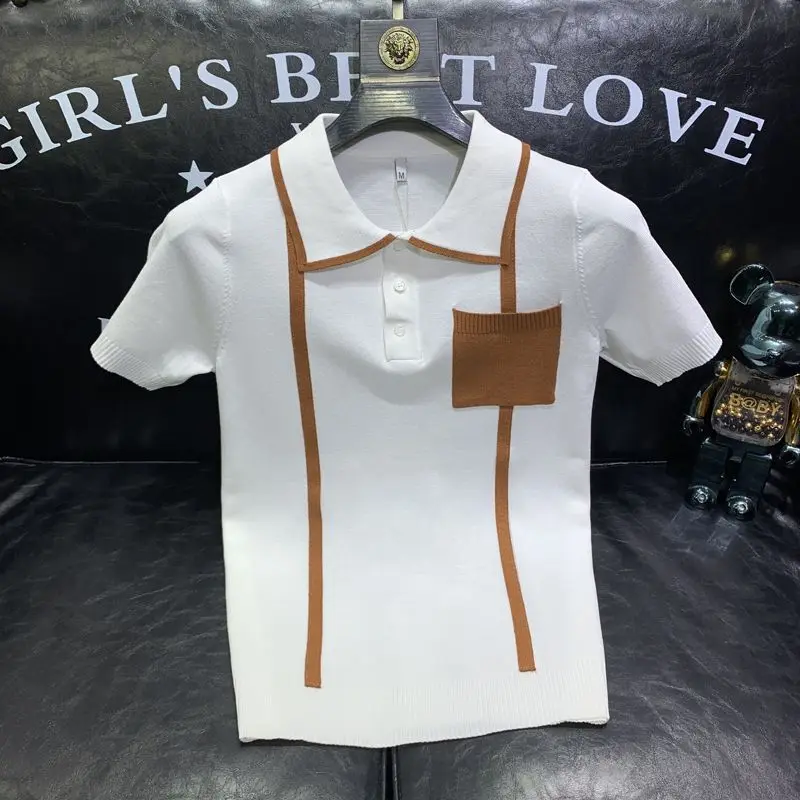 محبوك قميص بولو بأكمام قصيرة للرجال موضة الاتجاه الشباب وسيم تنوعا عادية التلبيب تي شيرت العصرية